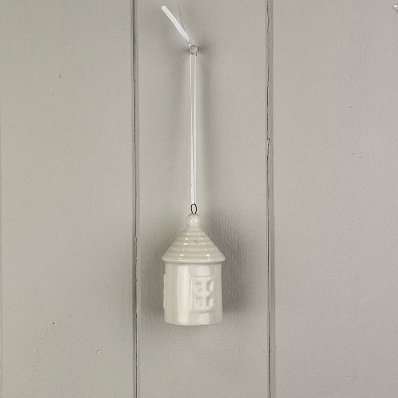 White Ceramic Hanging Round House with Ridged Roof Ornament detail page